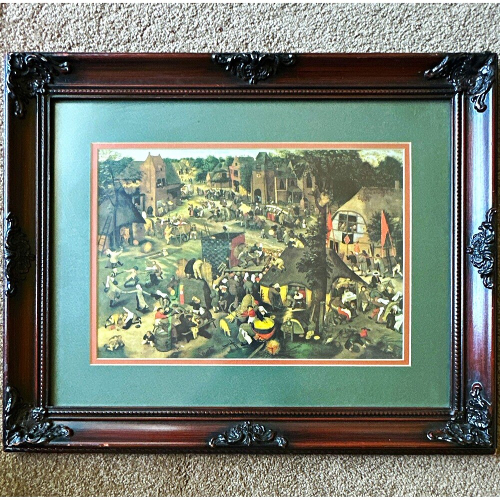 Ornate Dark Wood Picture Frame Green Mat Landscape Hanging 21x17.5 Used